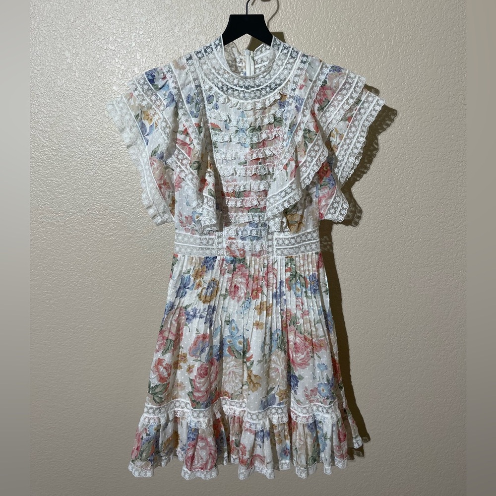 Zimmermann White and Pink Ruffled Tiered Mini Dress